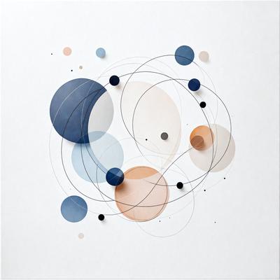 The primary subject of the image is a white paper with a series of circles and lines drawn on it. The circles are of various sizes and are scattered throughout the paper. The setting is a white background, and the visual style appears to be a combination of digital art and illustration. The colors and mood of the image are predominantly white, with some shades of blue and orange, creating a clean and minimalist appearance.